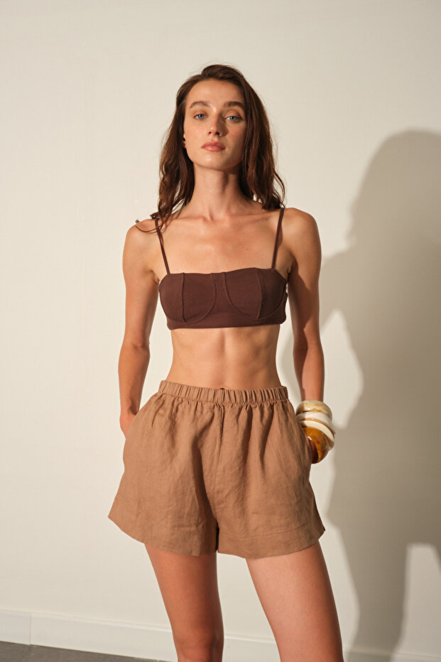 %100 Keten Yırtmaçlı Şort - 2