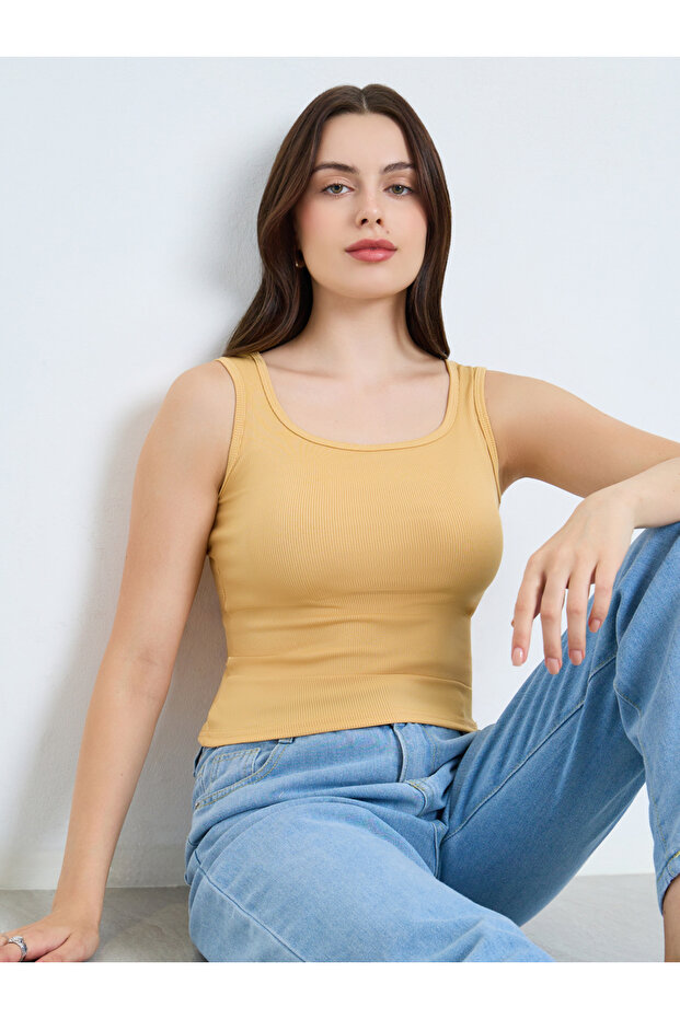 Yellow Ribbed Square Neck Cami Top