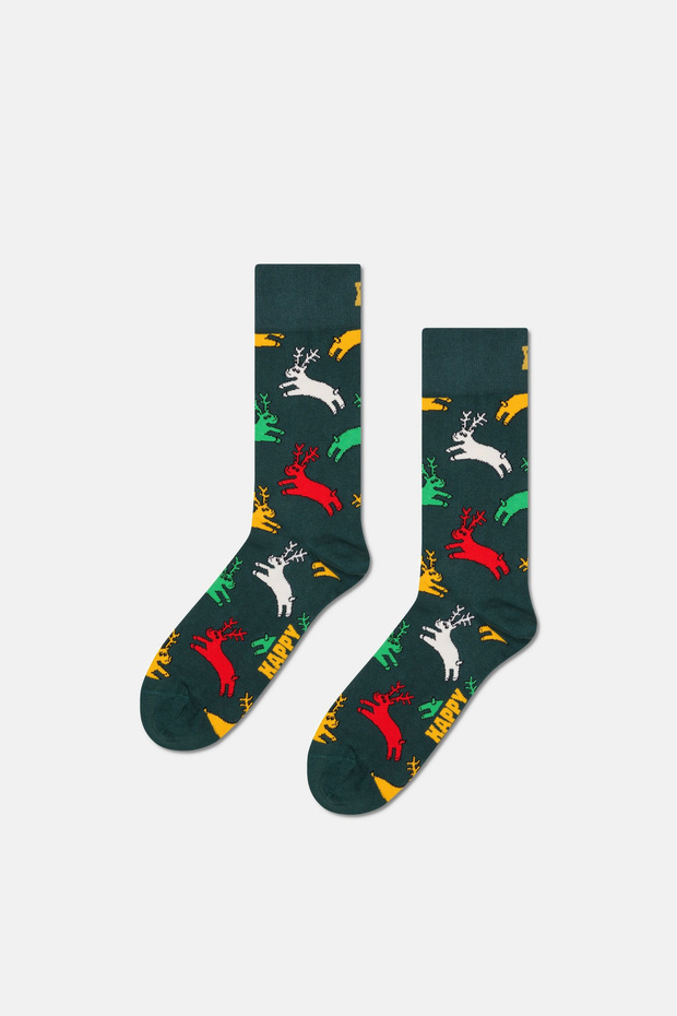 - Green Deer Patterned Cotton Socks - 1