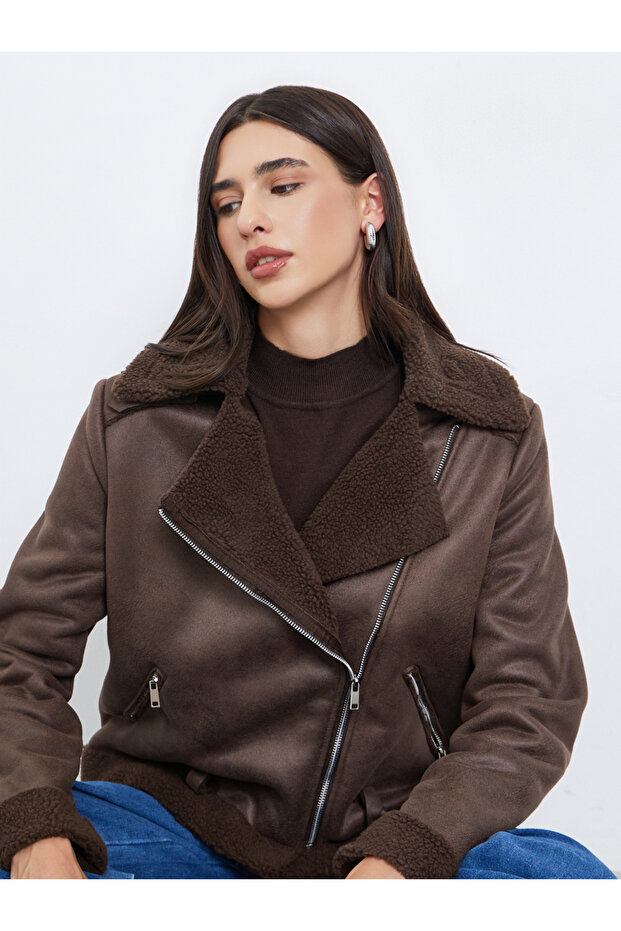 Brown Suede Look Biker Jacket with Faux Fur Trim