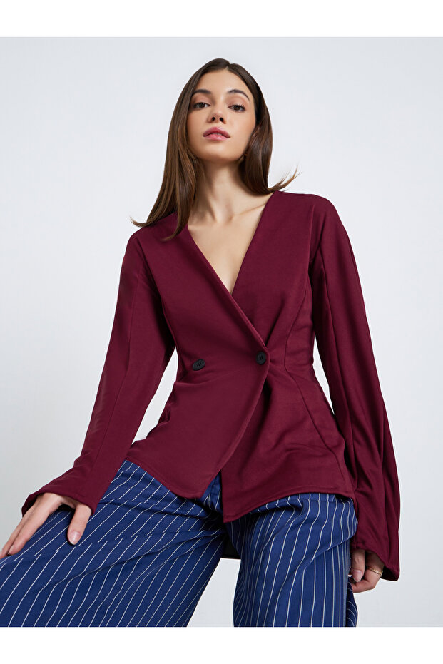 Women Burgundy Long Sleeve V-Neck Top