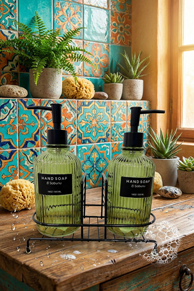 Modern Striped Round Glass Double Liquid Soap Dispenser & Detergent Dispenser Set, Green - 500 ml Glass Soap Dispenser
