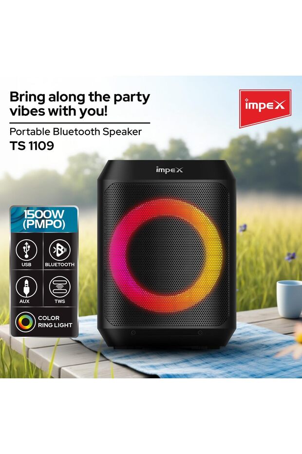 8 Inch Portable Bluetooth Speaker TS1109 1500W PMPO Ring Light Mic USB AUX TWS 2Yr - 2