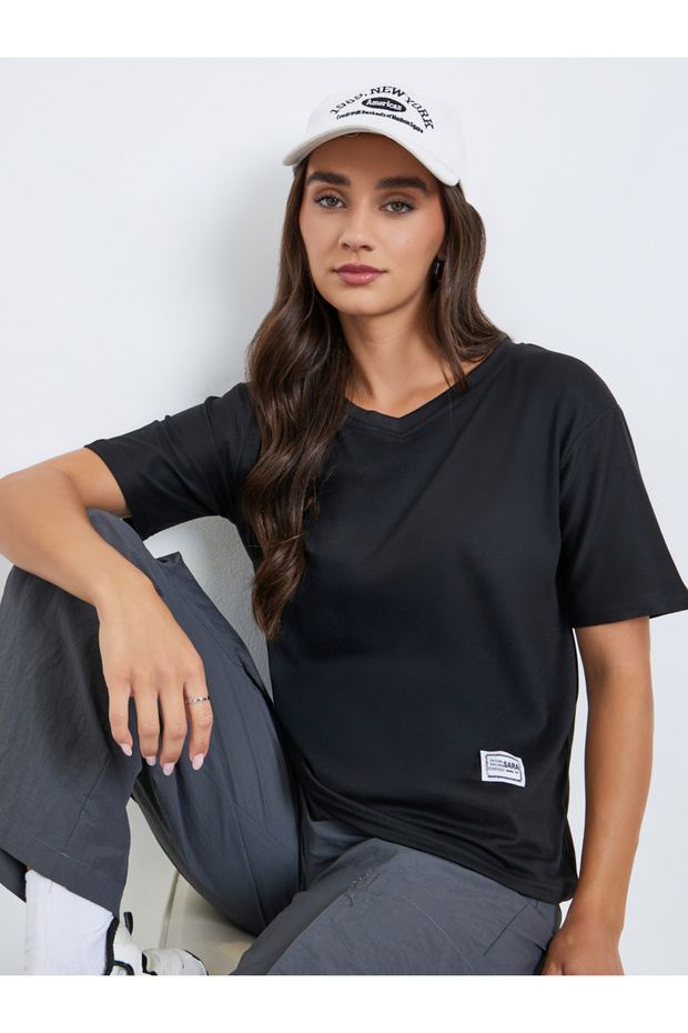 Women Black V Neck Regular Fit T-Shirt