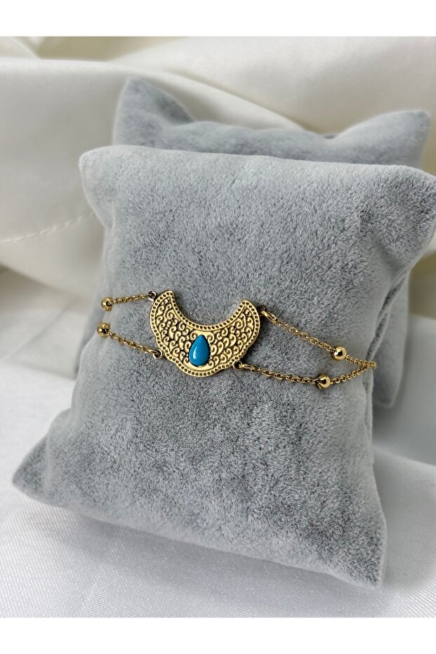 سوار فولاذي بنمط عرقي وصفين من الخرز الأزرق مع الذهب