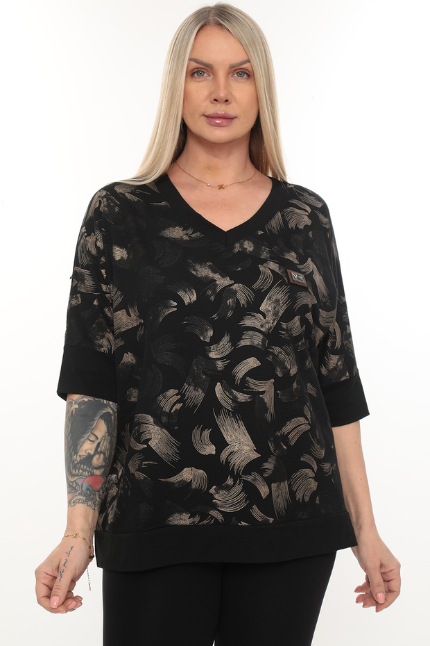 بلوزة كبيرة الحجم بفتحة رقبة على شكل حرف V ونمط فرشاة - 1