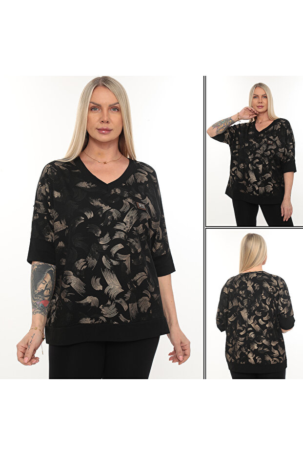 بلوزة كبيرة الحجم بفتحة رقبة على شكل حرف V ونمط فرشاة - 4