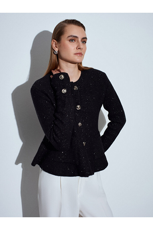 61001 Peplum Glitter Knit Cardigan-Black