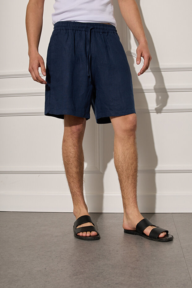 %100 Keten Beli Lastikli Şort - 2