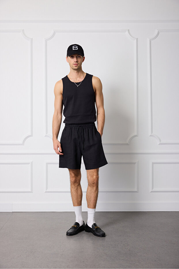 %100 Keten Beli Lastikli Şort - 1