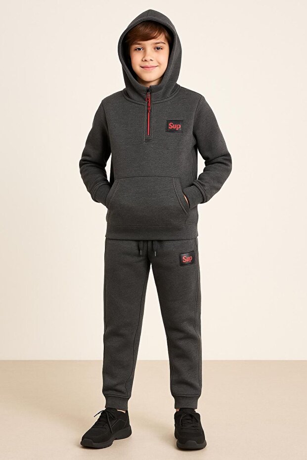 Unisex Hooded Zippers, 3 Thread Ş Fleece-Lined Thick Winter Embroidered, Kangaroo Pocket Tracksuit Set