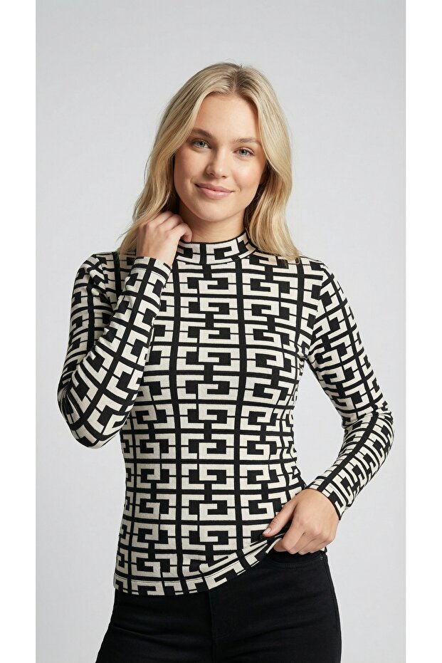 Women's Ecru g Pattern Mock Neck Long Sleeve Viscose Elastane Blouse
