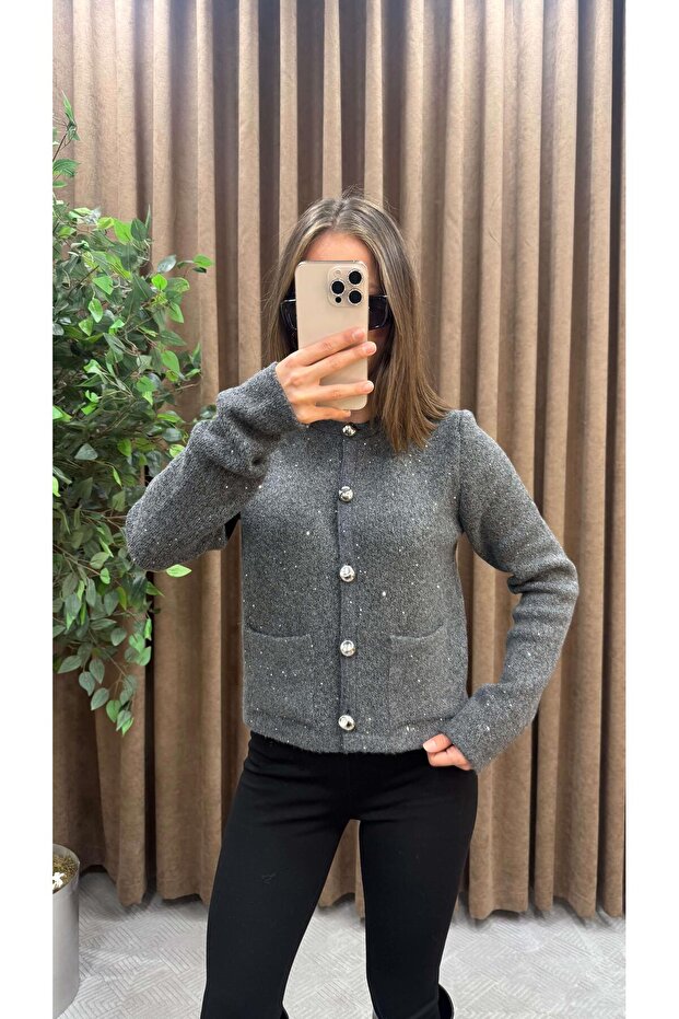 GRİ PULLU SİMLİ DÜĞMELİ TRİKO HIRKA - 2
