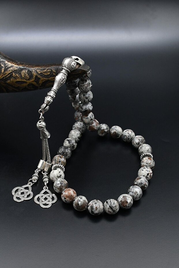 Natural Larvikite (Larvakite) Stone 33 Beads Prayer Beads with Metal Tassel 10mm Sphere Cut 902514