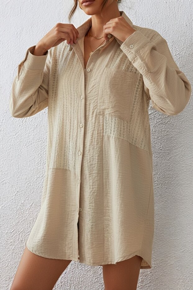 Ajur Detaylı Uzun Boy Düğmeli Regular Basic Gömlek - 1