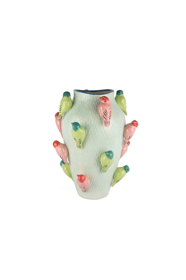 Blue Colored Bird Embossed Vase 35X42Cm