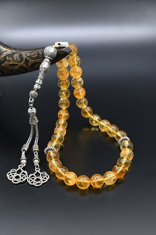 Natural Citrine Stone 33-Bead Rosary with Metal Tassel 10mm Sphere Cut 902510