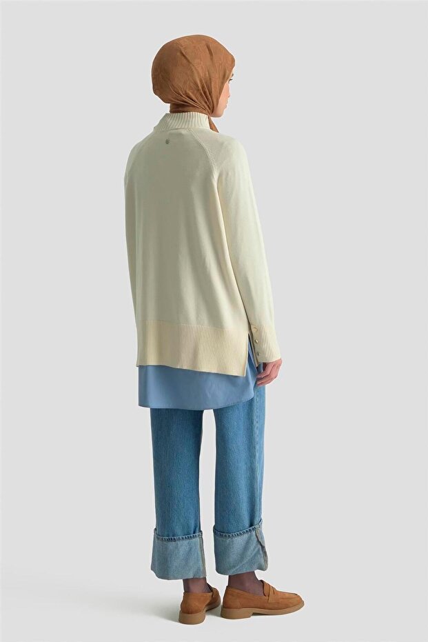 Düğmeli Basic Oversize Kazak 25KD6016 Ekru - 5