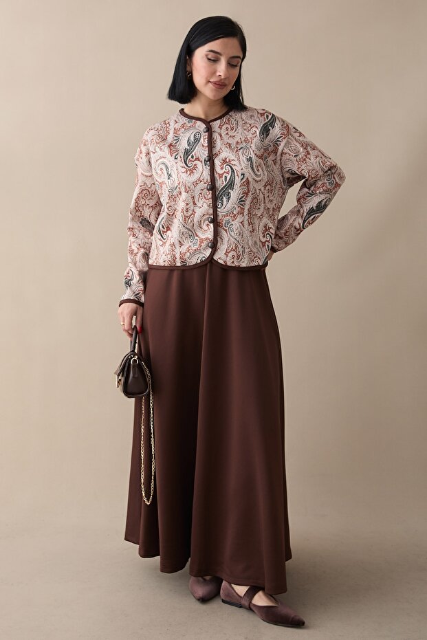 Shawl Pattern Jacket Skirt Brown Set