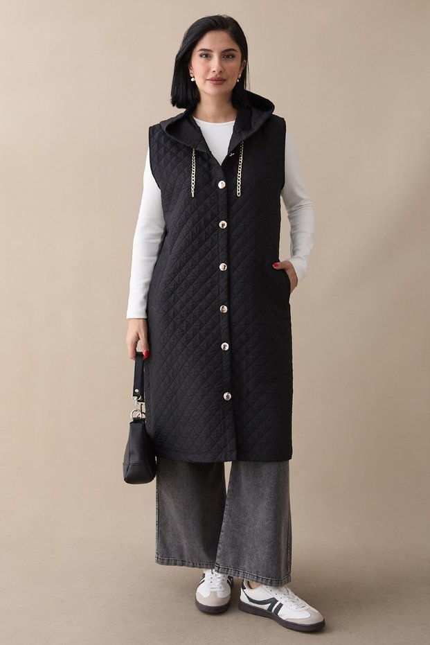 Hooded Gold Chain Black Quilted Vest