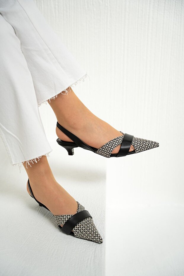 Gezy Black Wicker Asymmetric Cut Women's Heel Shoes