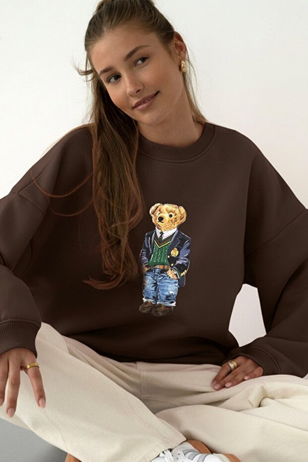 سويت شيرت نسائي قصة فضفاضة Ivy Bear 3D مطبوع بني – رقبة دائرية، 3 خيوط مزخرفة