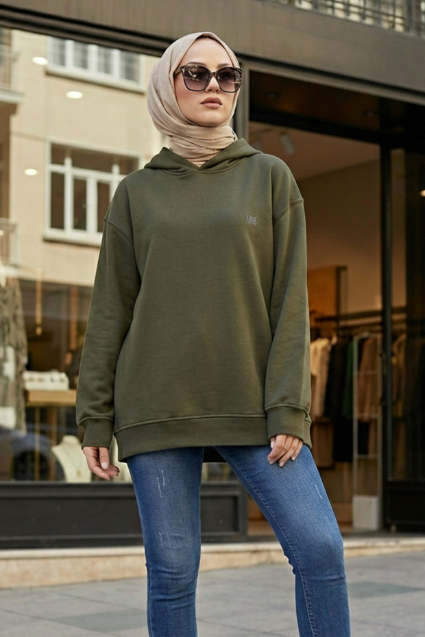 Khaki Cotton Hooded 3 Thread Ş Fleece-Lined Thick Sweatshirt