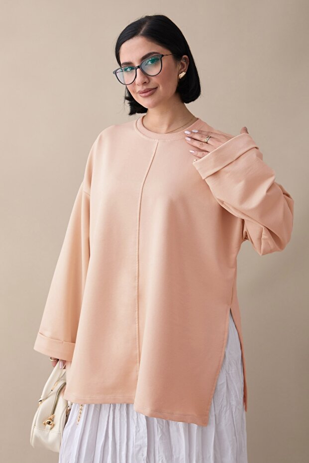 Kolu Katlamalı Oversize Somon Sweat - 1