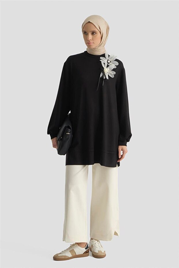 Çiçekli Modal Örme Tunik Siyah - 1