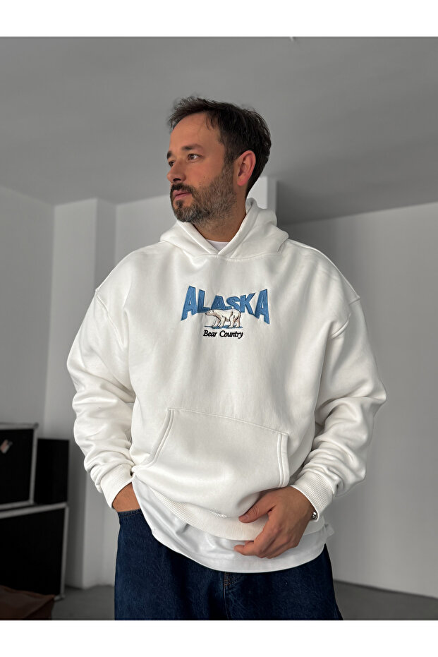 Beyaz Alaska Nakışlı Kapüşonlu Sweatshirt PM - 3