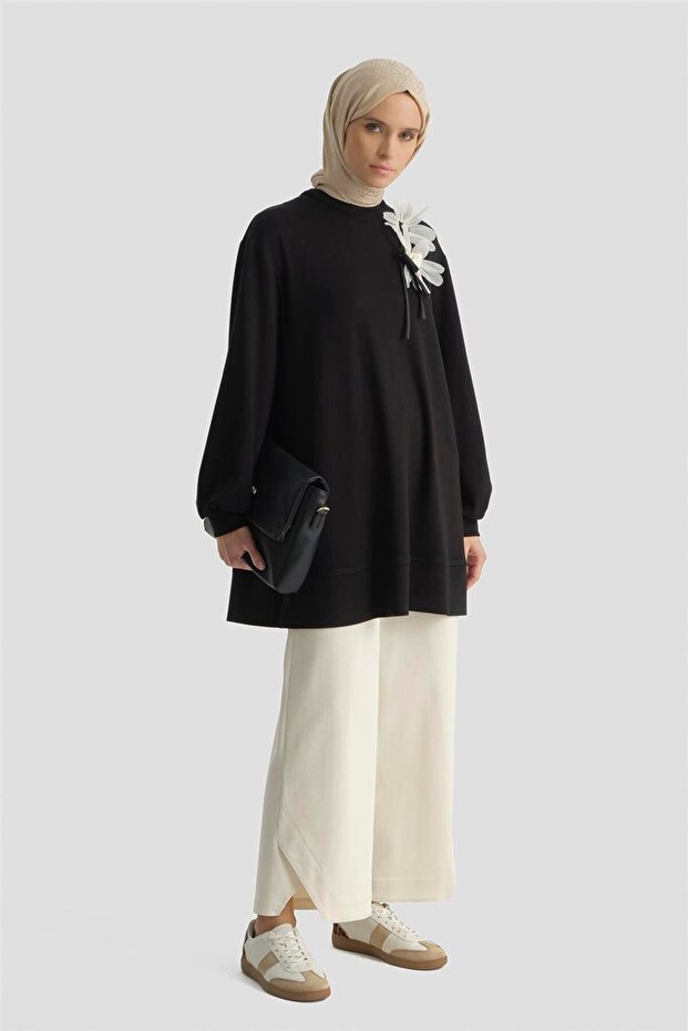 Çiçekli Modal Örme Tunik Siyah - 2