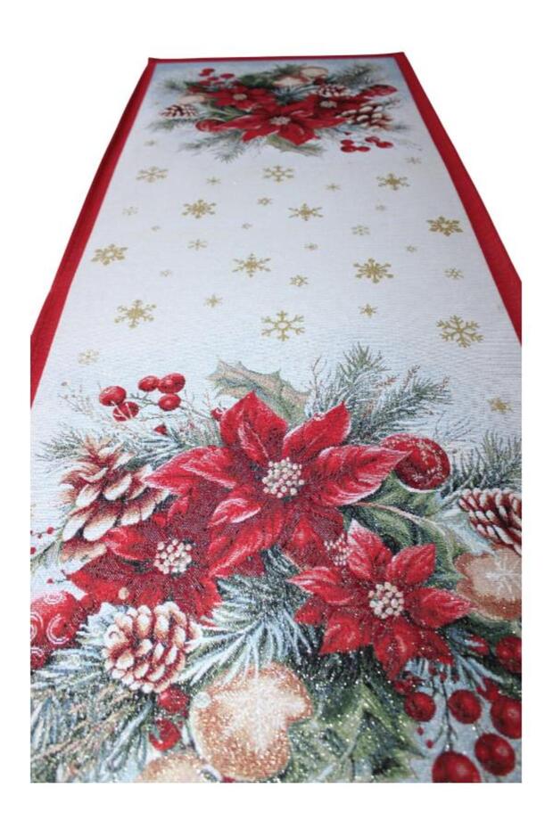 Red Christmas Flower Ornament Jacquard Woven Tapestry Decorative Silvery Runner 45*115