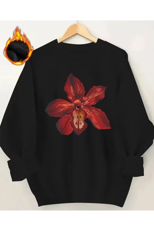 Red Orchid Print Detailed Crew Neck Sweatshirt