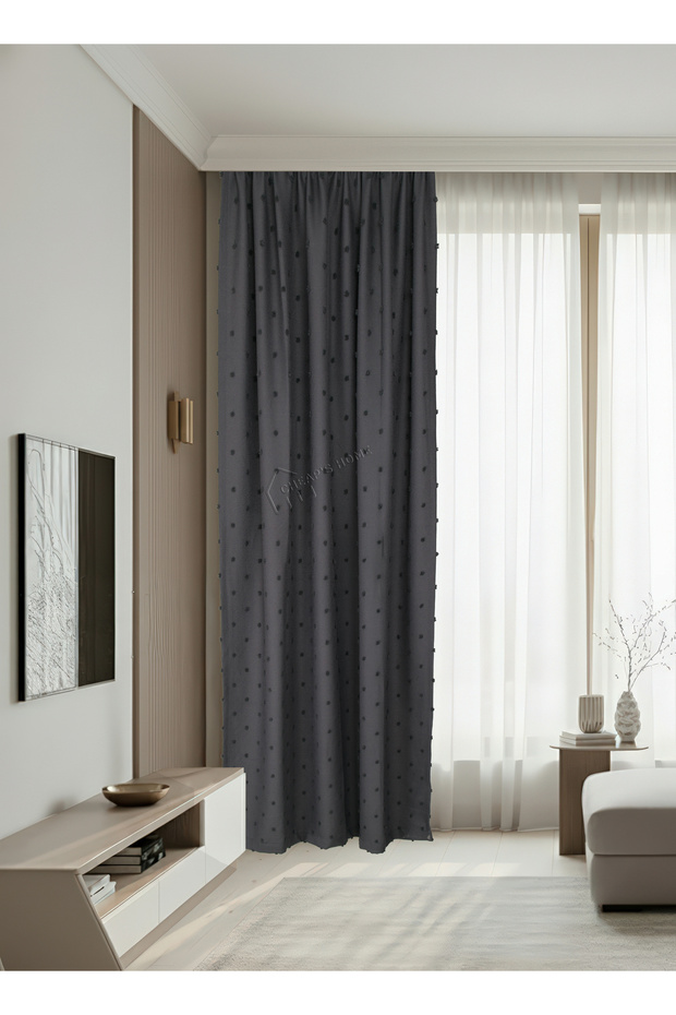 Pompom Embossed Textured Modern Linen Background Curtain - No Pleats, Extra Foam, Straight Hanging (Anthracite)