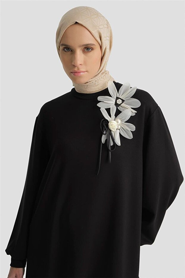 Çiçekli Modal Örme Tunik Siyah - 3