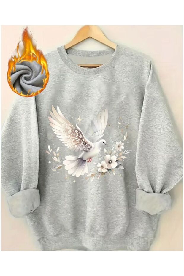 Pigeon Print Detailed Crew Neck Sweatshirt