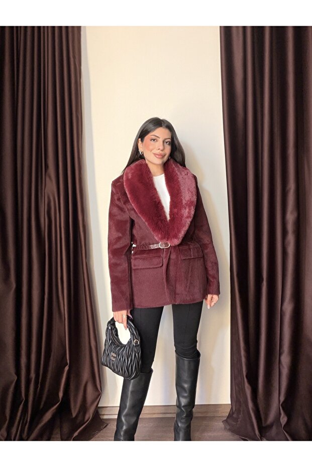 Women's Premium Jacket with Belted Detachable Fur Collar