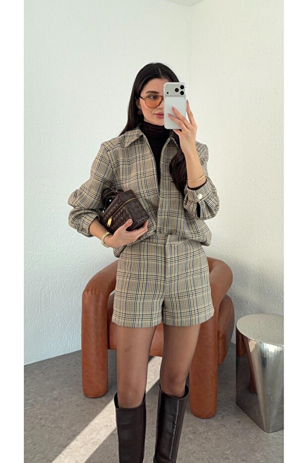 Ekoseli Krem Şort - 5