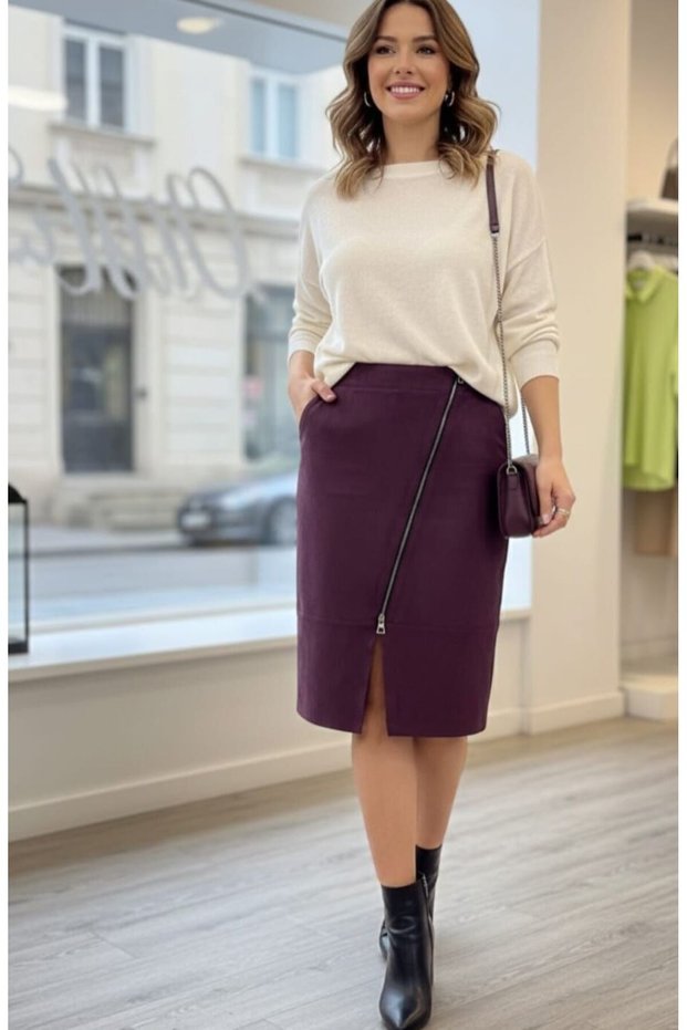 Zipper Detailed Nubuck Pencil Skirt - Plum