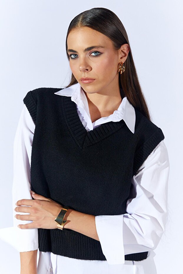 Kadın Siyah V Yakalı Basic Süveter - 5