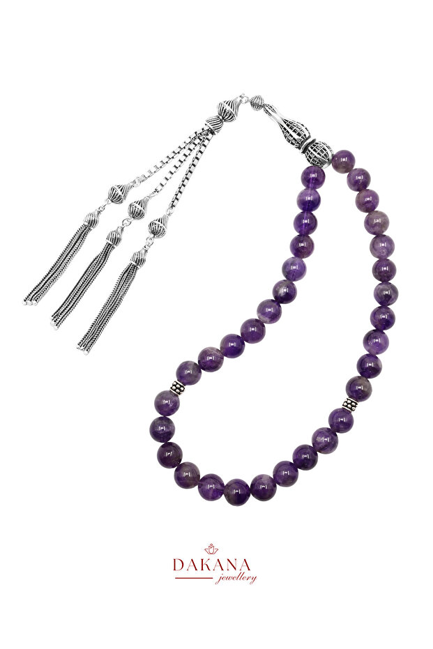 Certified 10 mm Amethyst Silver Natural Stone Prayer Beads