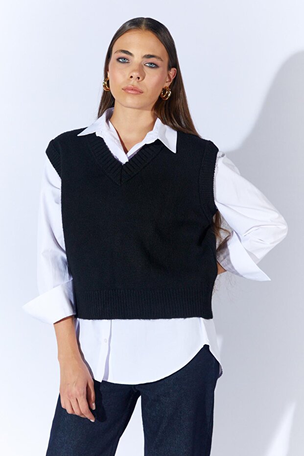 Kadın Siyah V Yakalı Basic Süveter - 1