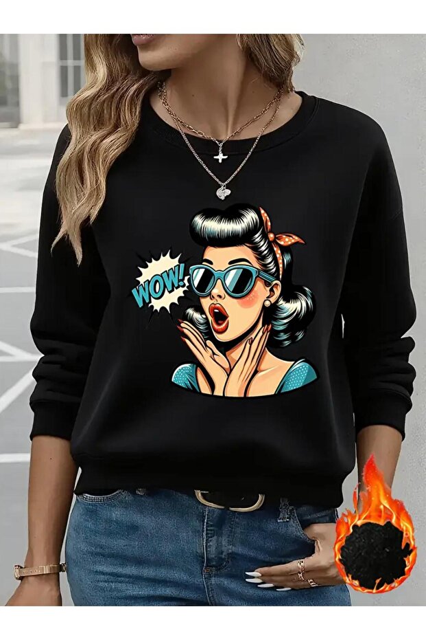 Pop Art Wow Printed Women's Plain Fleece-Lined Crew Neck Sweatshirt