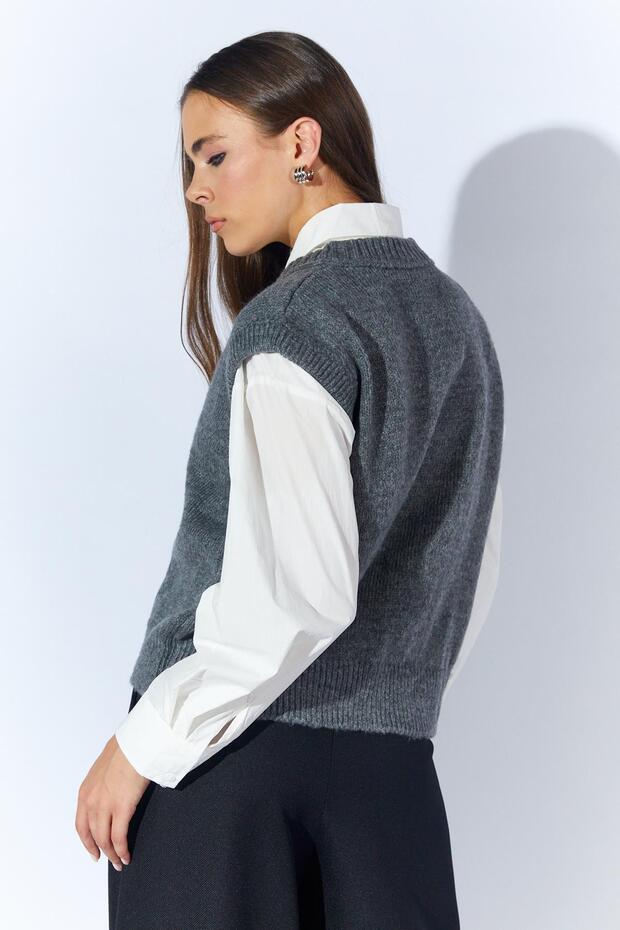 Kadın Antrasit V Yakalı Basic Süveter - 7