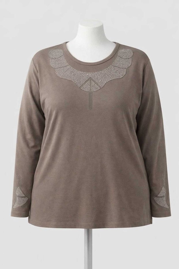 Plus Size Stone Embroidered Long Sleeve Clover Fabric Mom Blouse