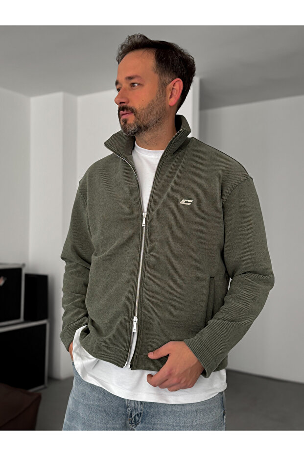 Haki Fitilli C Nakışlı Fermuarlı Sweatshirt C-032 - 1