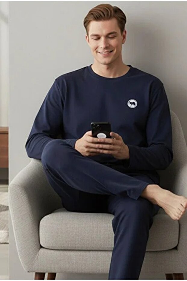 Men's Navy Blue Long Sleeve Pajama Set Camel Printed Comfortable Fit Home Wear