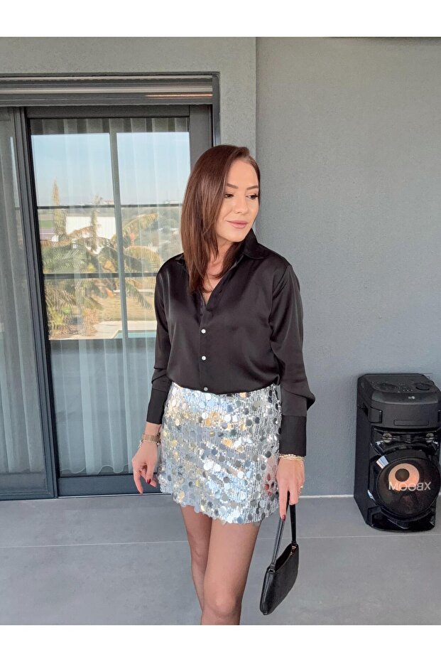 Pullu Payetli Şort Etek GÜMÜŞ - 8