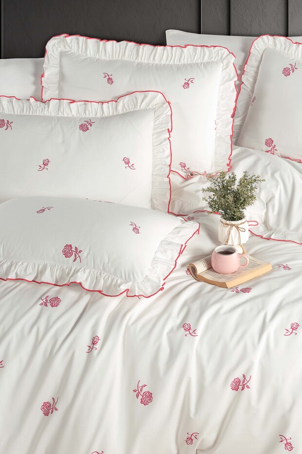 Soft Cotton Double Duvet Cover Set - Red Rose Ruffled Pillowcase and Duvet Cover