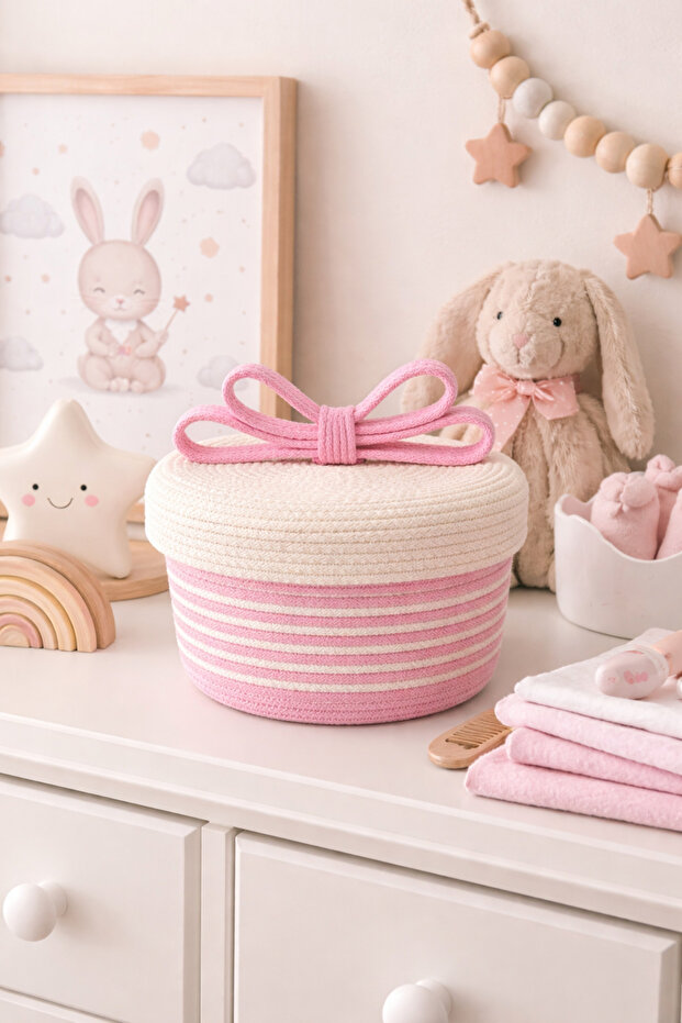 Wicker Basket with Lid - Children's Room Decorative Organizing Box with Bow Detail - Gift Basket (25X17)